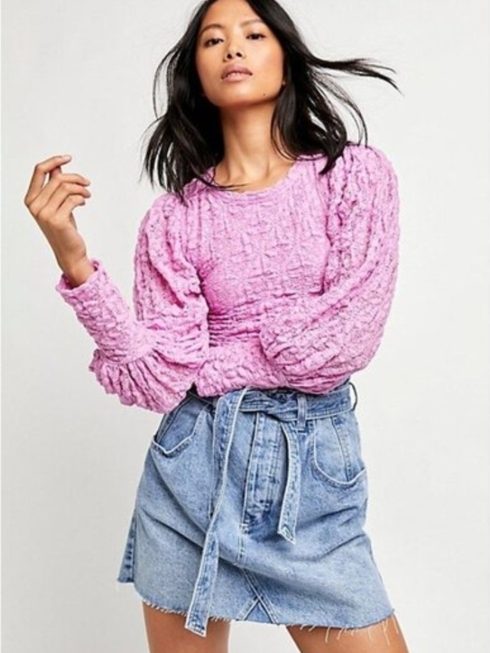 Free People Pink Textured Puff-Sleeve Long Sleeve Top